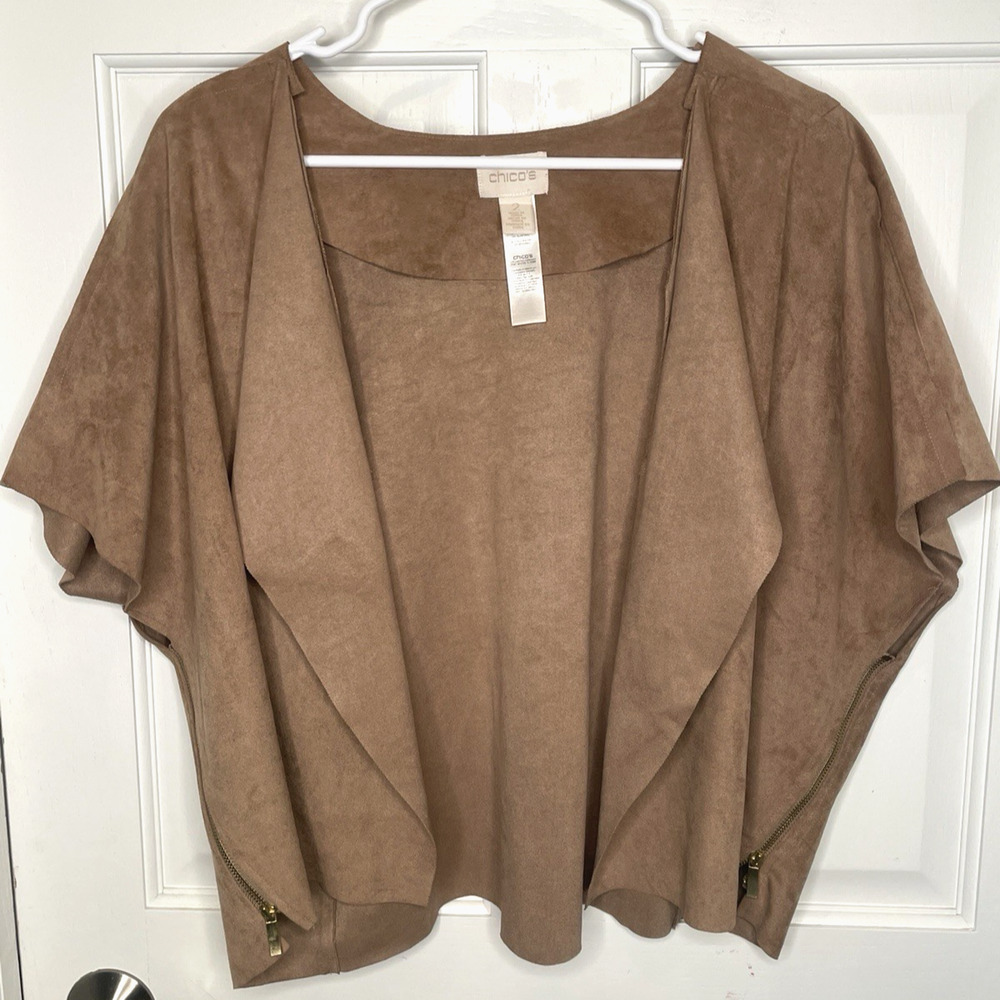 Chico's Women's Cropped Open Front Jacket Sz 2/L Faux Suede Boho Cowgirl Prairie